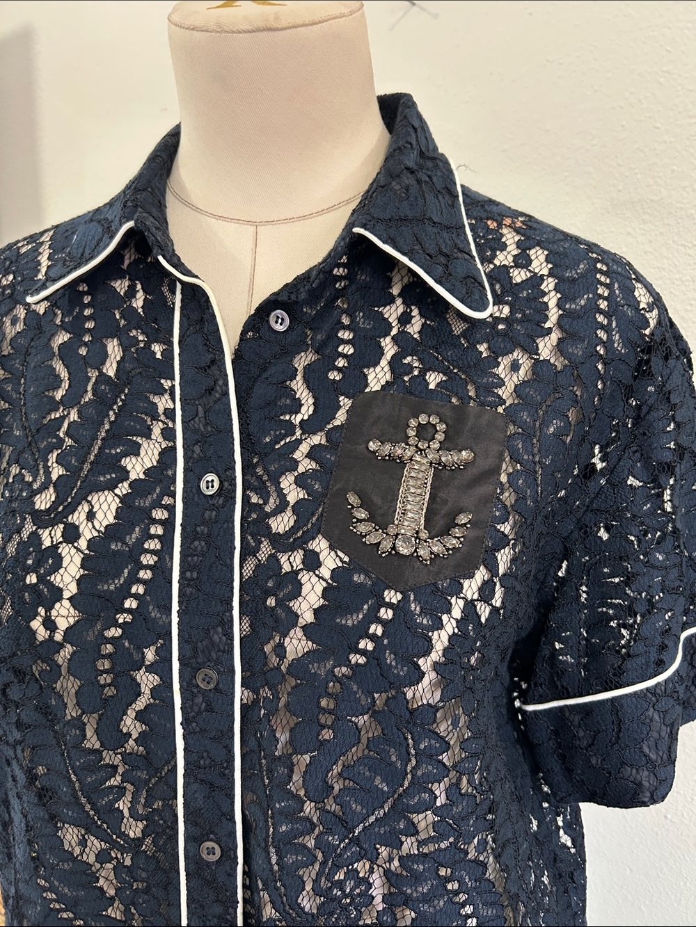 No.21  navy blue lace button down rhinestone anchor shirt size large - Picture 2 of 11